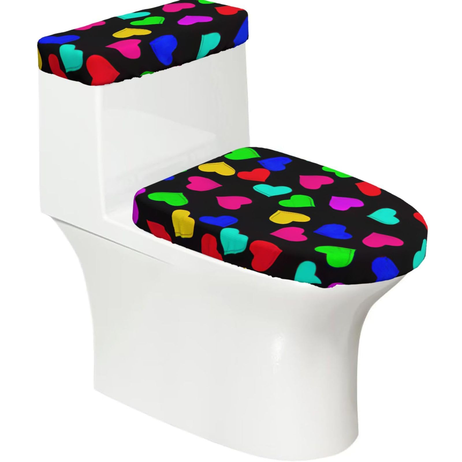 Rainbow Hearts Print 2-Piece Stretch Toilet Cover Set, Elastic Breathable Toilet Seat and Tank Lid Protector