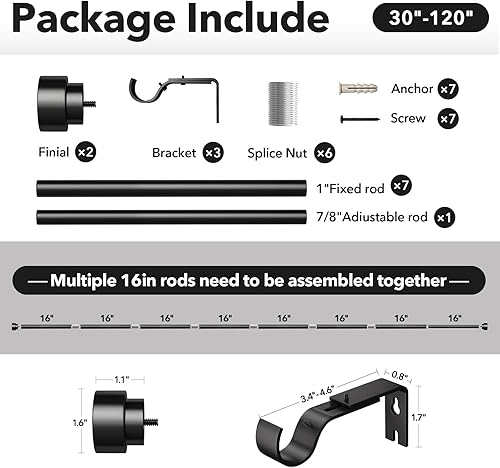 Miniatura 4 de Barras de cortina resistentes para ventanas de 66 a 120 pulgadas, juego de barras de cortina negras ajustables de 1 pulgada con fácil instalación y