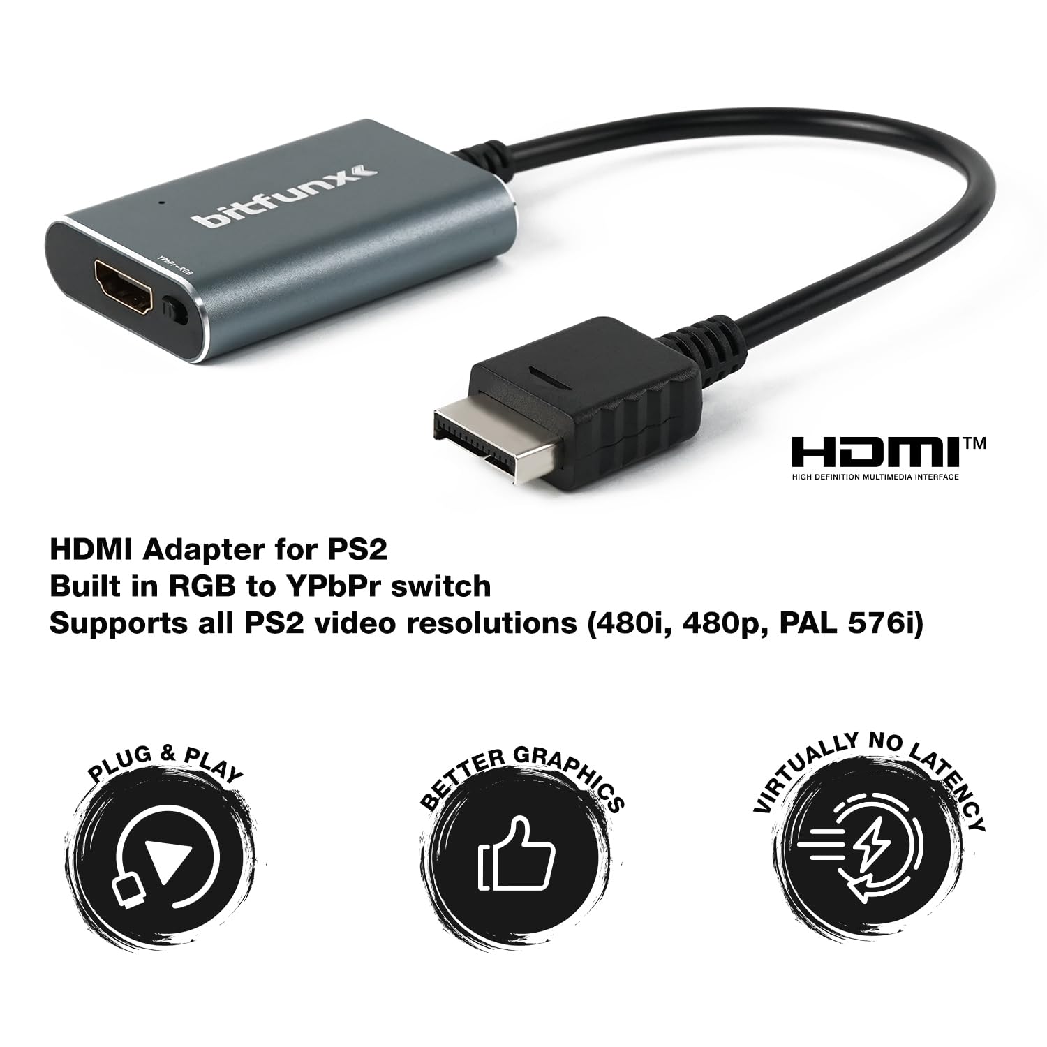 BITFUNX Adattatore HDMI PS2 – Interruttore RGB integrato a YPbPr, adattatore per videogiochi Plug & Play con nessun ritardo, adattatore convertitore HDMI per console di gioco PS2