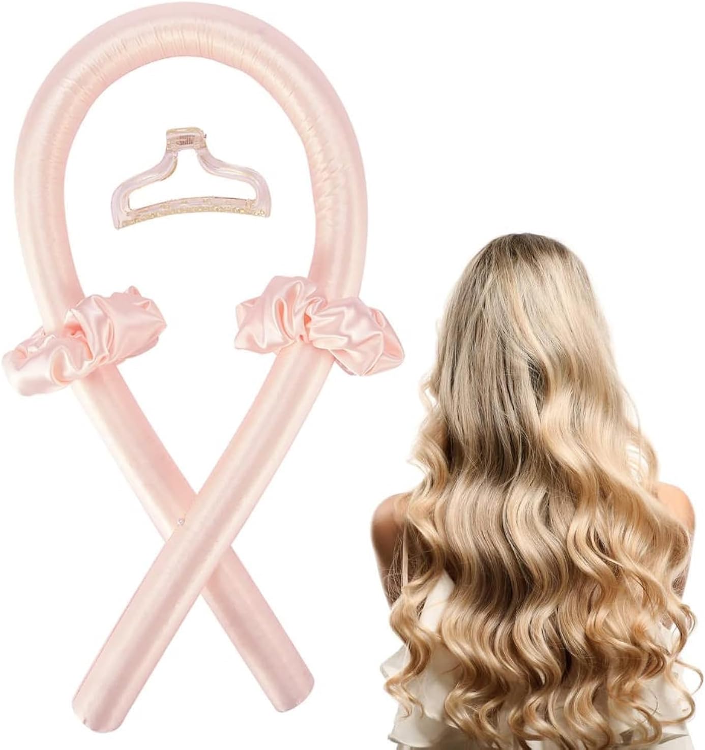 Women Heatless Curling Rod Rollers,No Heat Silk Curls Headband with Soft Foam, Curling Ribbon and Flexi Rods for Natural Long Medium Hair Diy Hair Styling Tools, Pink, 4 Piece Set