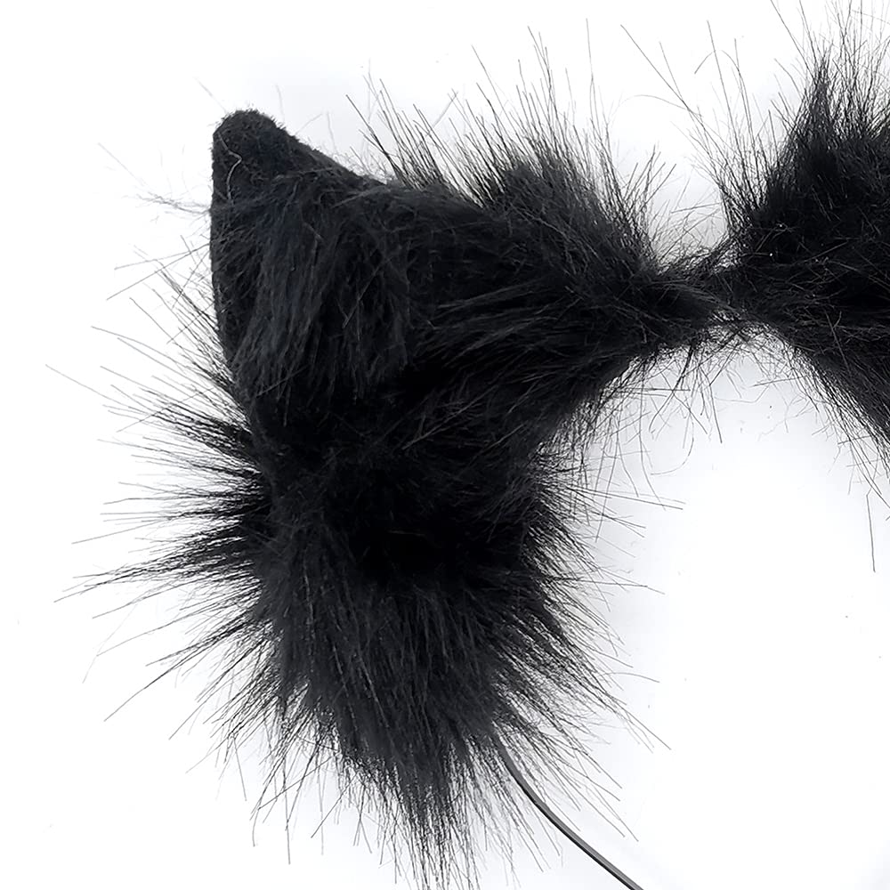 GaliaFaya Cat Wolf Fox Dog Ears Headband Handmade Faux fur Cosplay Halloween Costume Party: Pure Black