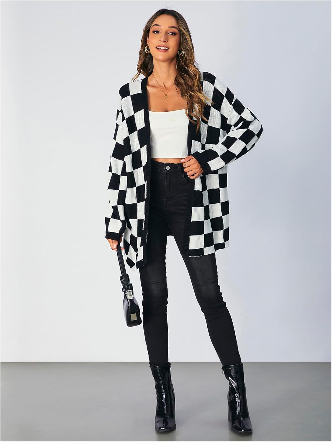 SOLY HUX Women's Long Sleeve Oversized Sweater Checkered Cardigan Open Front Outerwear Tops - Image 3
