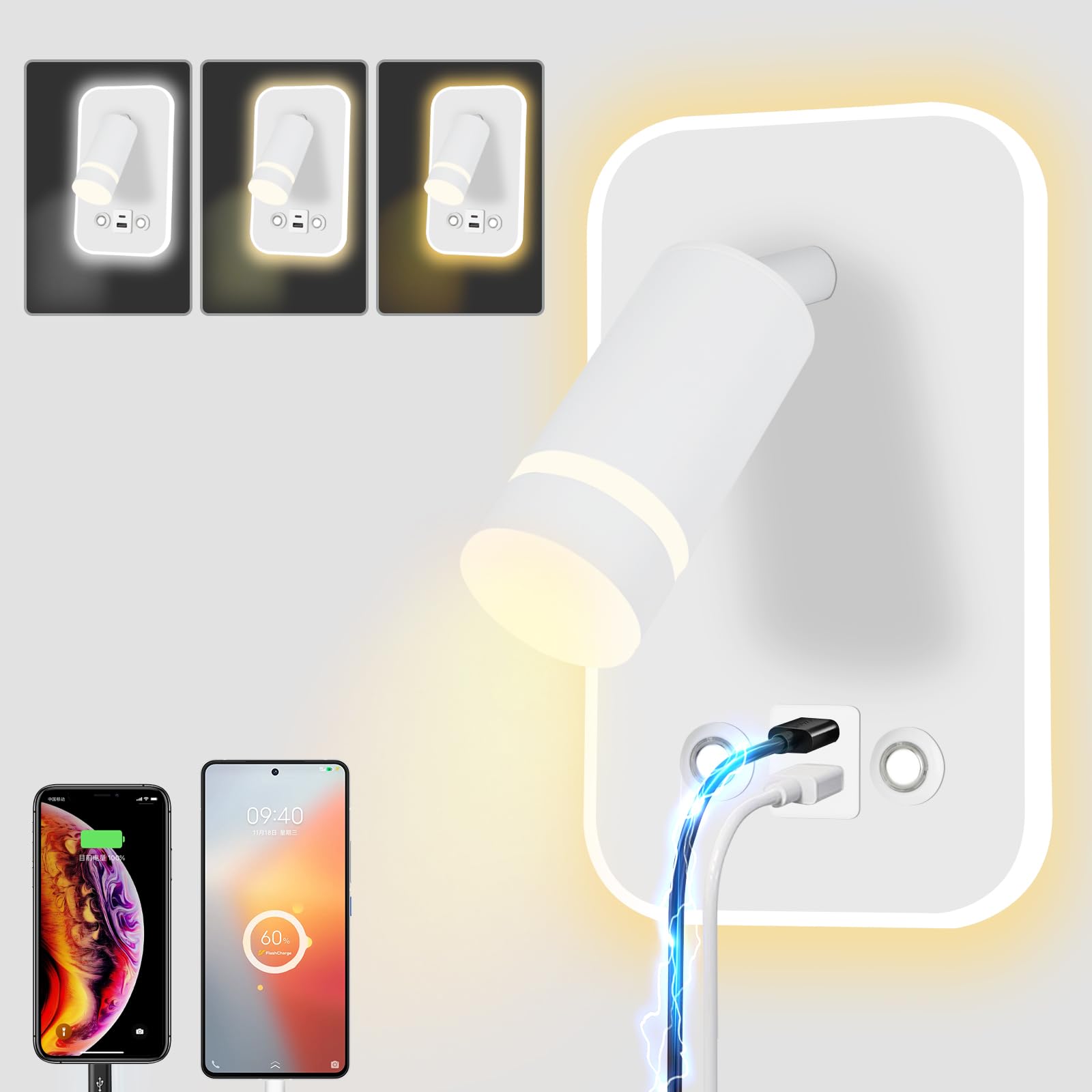 HUIZHOU Lámpara de lectura de LED montada en la pared toque 3 temperatura de color 12w puerto de carga USB 350 ° cama giratoria lámpara de lectura dormitorio de la (Blanco rectangular)