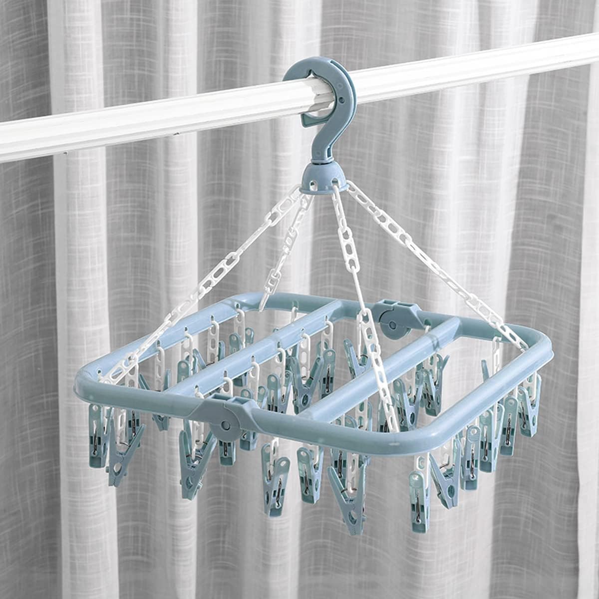 32 Clips Folding Laundry Hanger, Laundry Drying Rack Folding Sock Hanger, Hanging Drying Rack(Scandinavian Blue) image 5