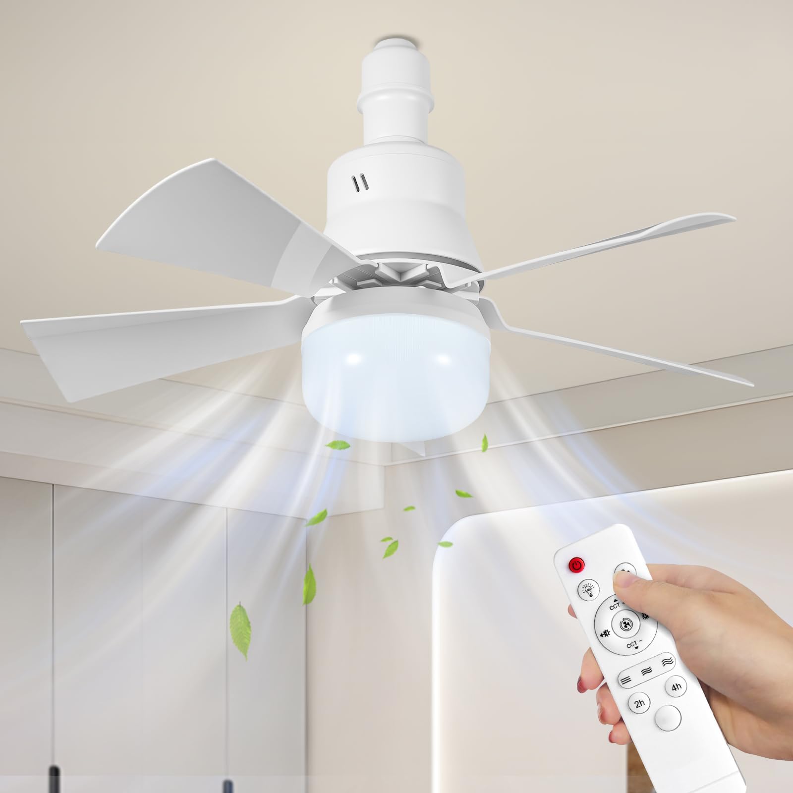 OMUIETIO Ceiling Fan Light, 30W E27 Fan Lights with Remote Control, 3 Speeds & Stepless Dimmable, 2H/4H Timer, 45.5cm Light Bulb Fan, Quiet Fan Light Ceiling for Bedroom, Kitchen (White)