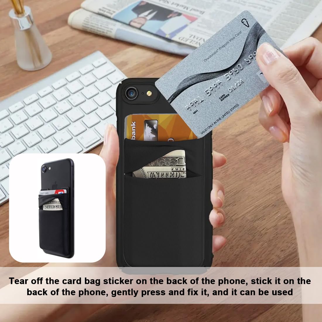 2 Pezzi Porta Carte di Credito per Cellulare, Pelle Vegana Porta, Titolare Della Carta per Cellulare Adesivo, Tasca Adesiva Per Tessere Carte Badge Taschino Autoadesivo Per Cover, Nero