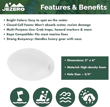 JEZERO Deep Water Fishing Floats: Great for Trail Markers, Dock Floats, Swim Buoy, Kayak Anchor Kit, Pool Buoy, Crabbing & Boats | White, 6 x 3, Single