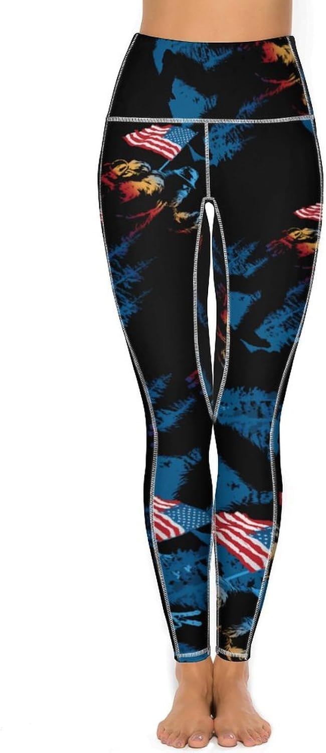 Funny Bigfoot US Flag Women Yoga Pants High Waisted Leggings 2xL