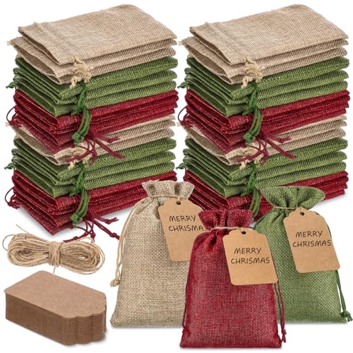 Woanger 100 Pcs Drawstring Burlap Gift Bags 4x6 Inch with Tags, Green Red