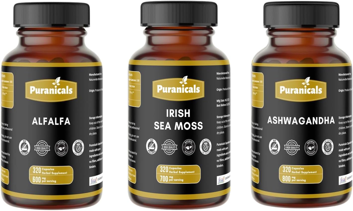 Alfalfa, Irish Sea Moss & Ashwagandha 320 Capsules Combo - Herbal Daily Supplement | Easy Daily Use | Non-GMO Ingredients, No Artificial Colors | Capsules Combo Pack