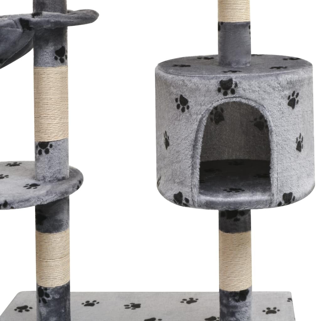 Katzen-Kratzbaum 125 cm Grau mit Pfoten-Aufdruck, Sisal Kratzsäulen, Plüsch Liegemulde, Haus und Spielzeug, Stabiler Holzrahmen, großer Kletterbaum für Wohnung und Katzenpflege