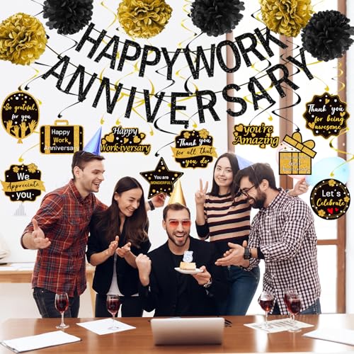 Image of Happy Work Anniversary Decorations Black Gold, Happy Anniversary Banner for Employee, Work Anniversary Workiversary Decorations for Party, We Appreciate You Office Party Decorations
