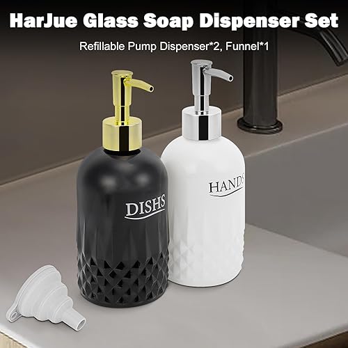 Miniatura 3 de HarJue Juego de dispensador de jabón de vidrio, dispensador de bomba de jabón para platos, dispensador de champú acondicionador para mostrador de