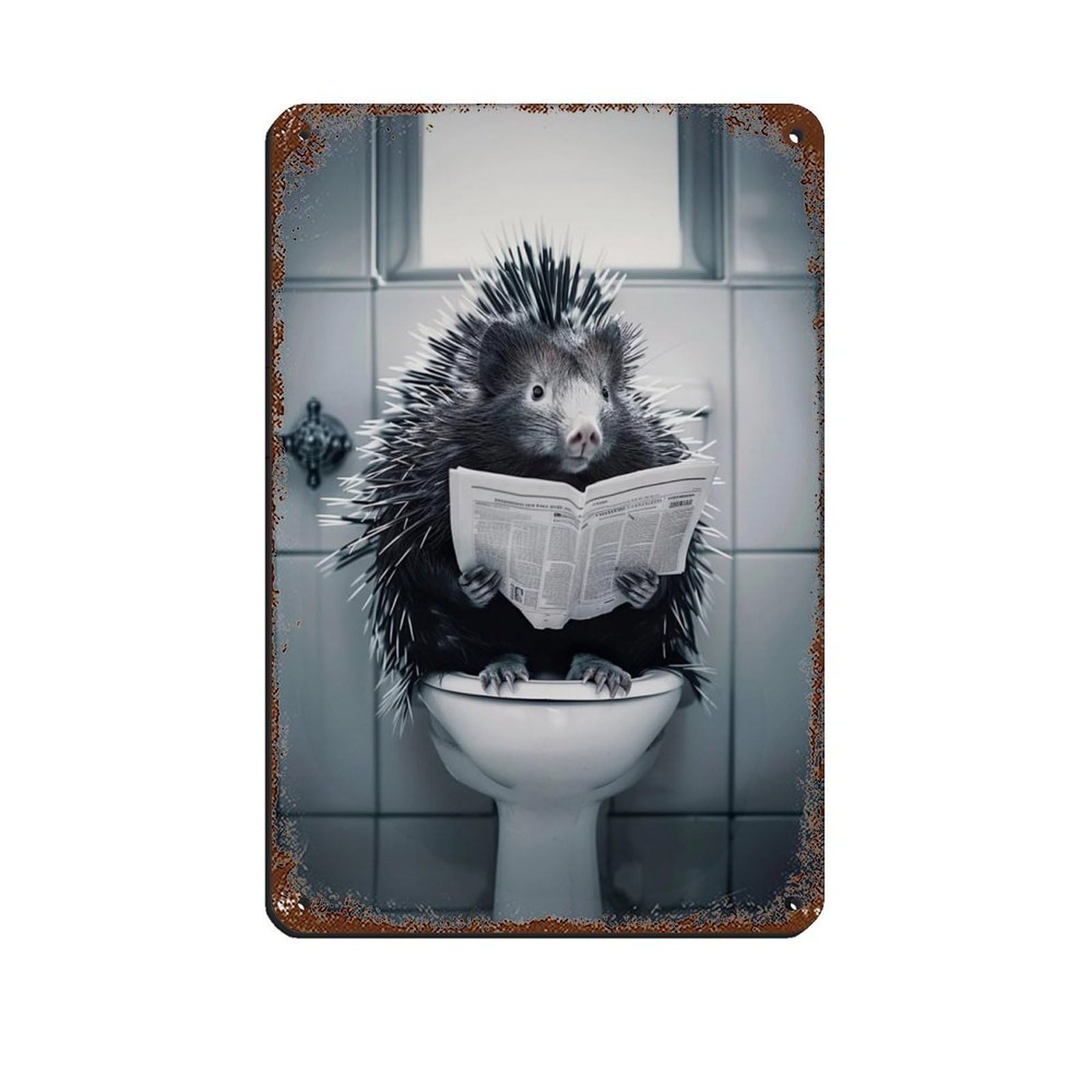 Porcupine Sitting on The Toilet Reading A Newspaper (3) Retro Poster Metal Tin Sign Chic Art Retro Iron Painting Bar People Cave Cafe Family Garage Poster Wall Decoration 8x12inch(20x30cm)