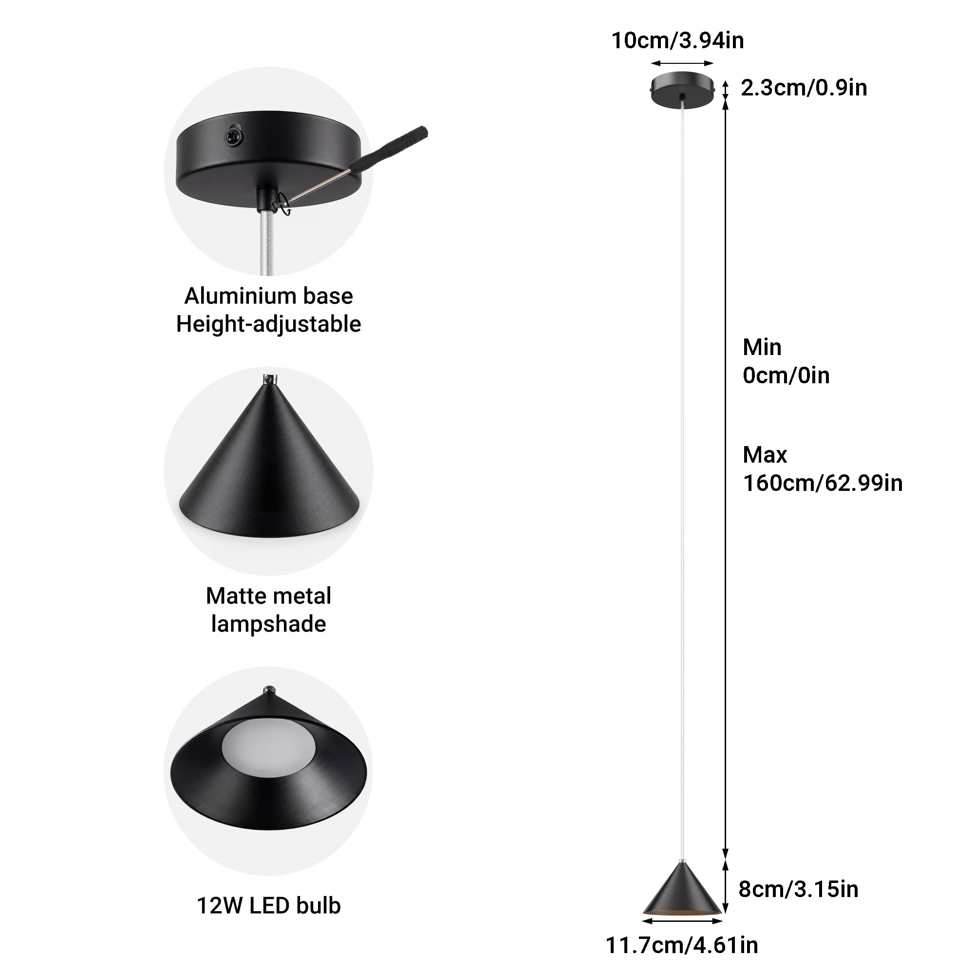 LED Lámpara de Suspensión cónica de aluminio,3PCS Lamparas Colgantes Mesita de Noche - Diseño moderno 12W 3000K 800LM Cable textil ajustable para cocinas Comedor, Dormitorio, Café (Negro)