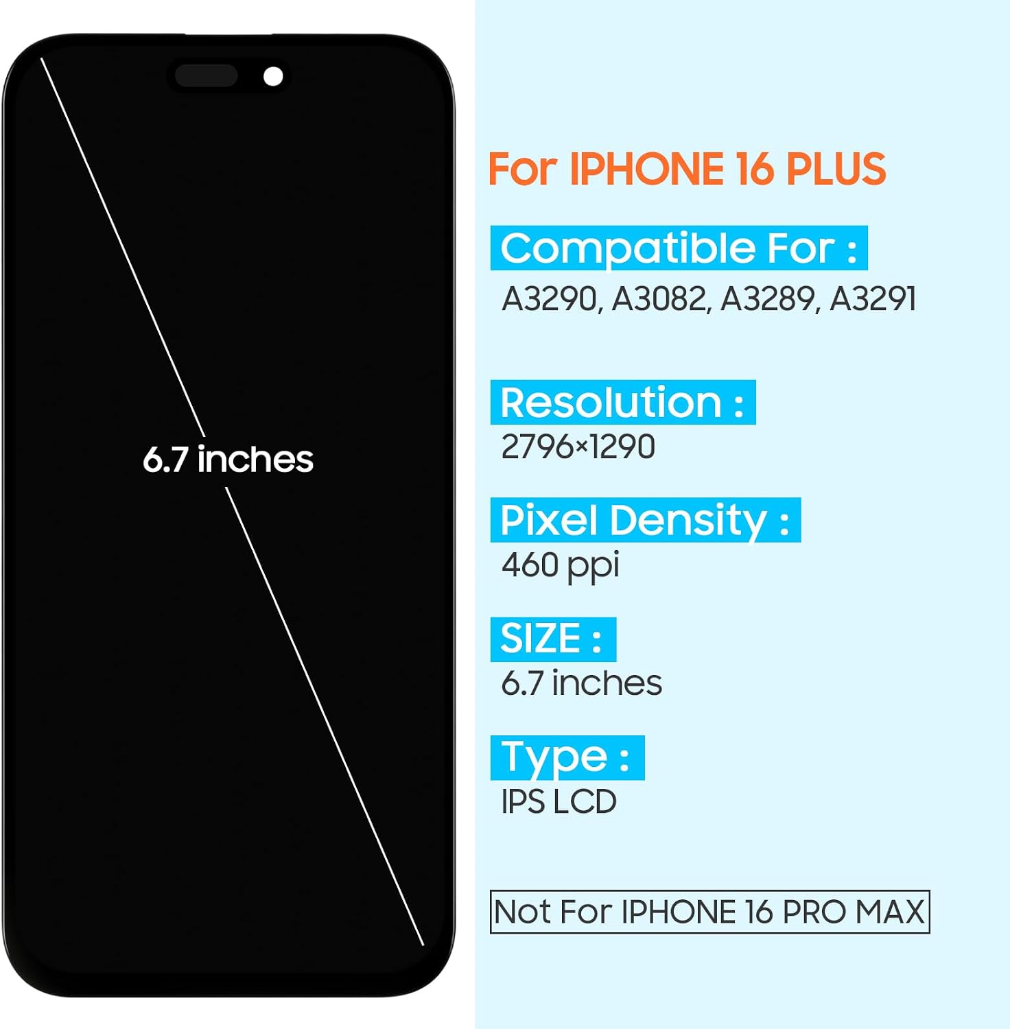for iPhone 16 Plus Screen Replacement - for iPhone16 Plus 5G LCD Display Touch Screen Digitizer Assembly with Repair Tools A3290, A3082, A3289, A3291 (Black,Incell)