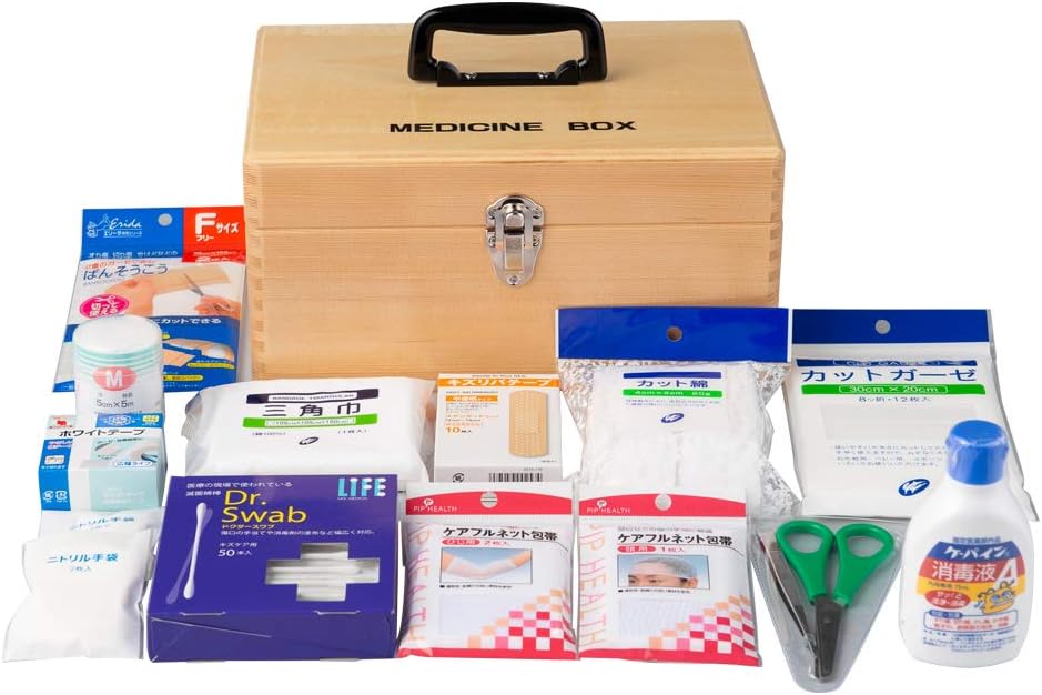 応急手当用品14点セット 木製製救急箱 