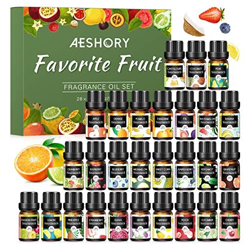 Aeshory Fruchtig Ätherische Öle für Diffuser, 28 x 5ml Aroma Öl Essential Oils Set Aromatherapie Duftöle GeschenkSet - Maracuja, Banane, Preiselbeere, Himbeere, Heidelbeere, Erdbeere, Kirsche