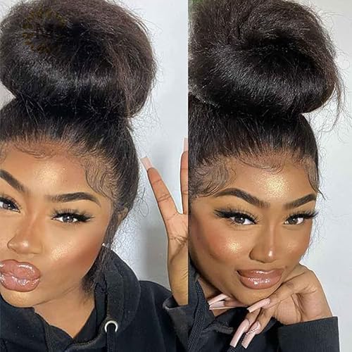 Miniatura 9 de Sunber Pelucas de encaje frontal de cabello humano 4C con borde rizado Yaki recta piel fundida 13x4 encaje frontal pelucas de cabello humano 12A