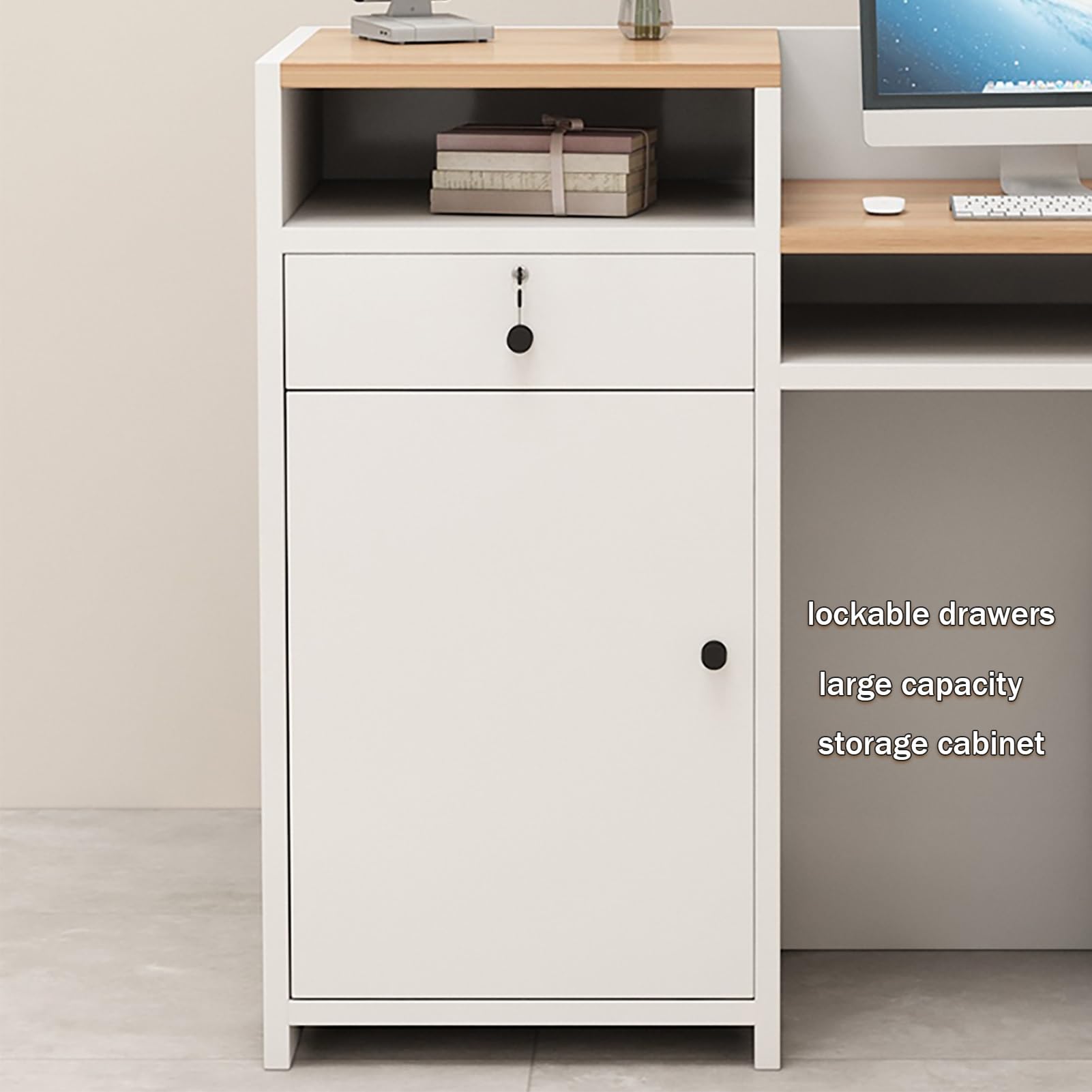 Generico Banco Reception Moderno Bianco con cassetto con Serratura e armadietto Contenitore, Ideale per saloni di Bellezza, Negozi di Abbigliamento, Hall di uffici e Uso
