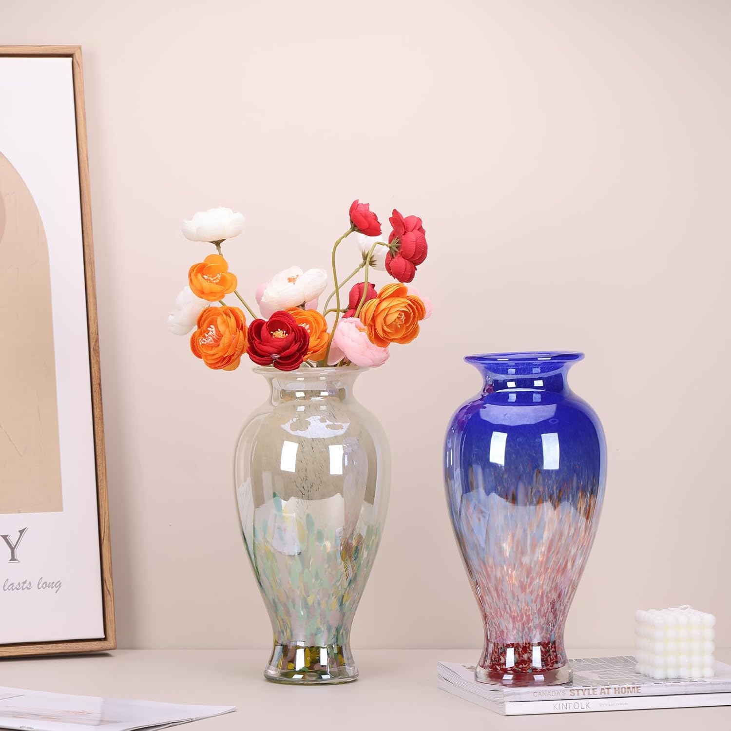 11.8" Tall Green Glass Vase Beautiful Hand Blown Glass Vase Modern Art Home Decor, Wide Mouth Colorful Vases for Mantle Dining Table Centerpiece, Entryway Living Room Wedding Decoration - Image 5