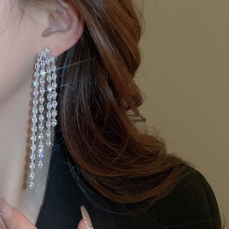 Rhinestone Earrings for Women, Slivery Handmade Crystal Earrings Threader Dangle Earrings Bridal Wedding Long Earring - Image 3