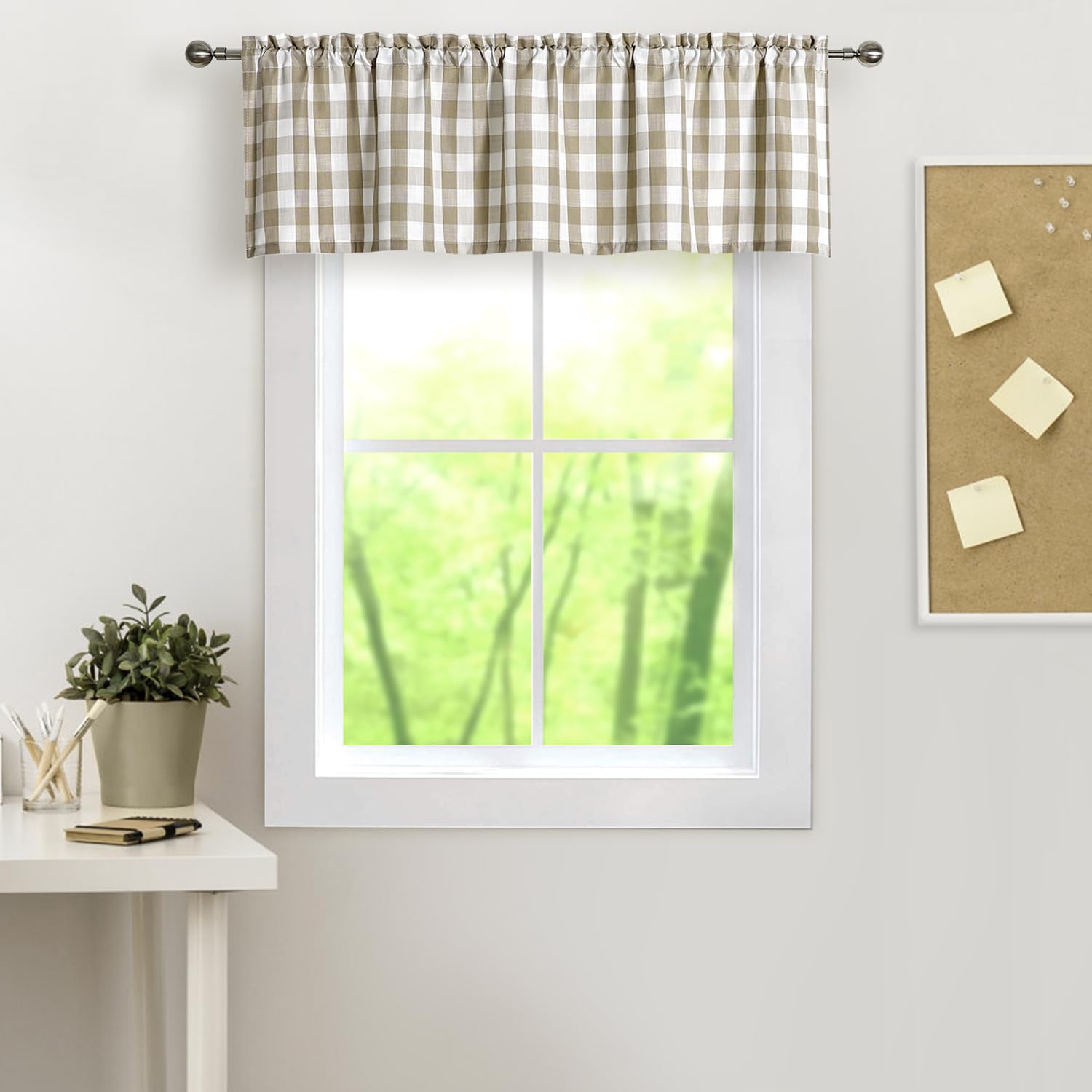 Amzdecor Linen White Buffalo Plaid Valance Linen Sheer Cafe Curtain Buffalo Check Plaid Rod Pocket Rustic Farmhouse Kitchen Window Treatment for