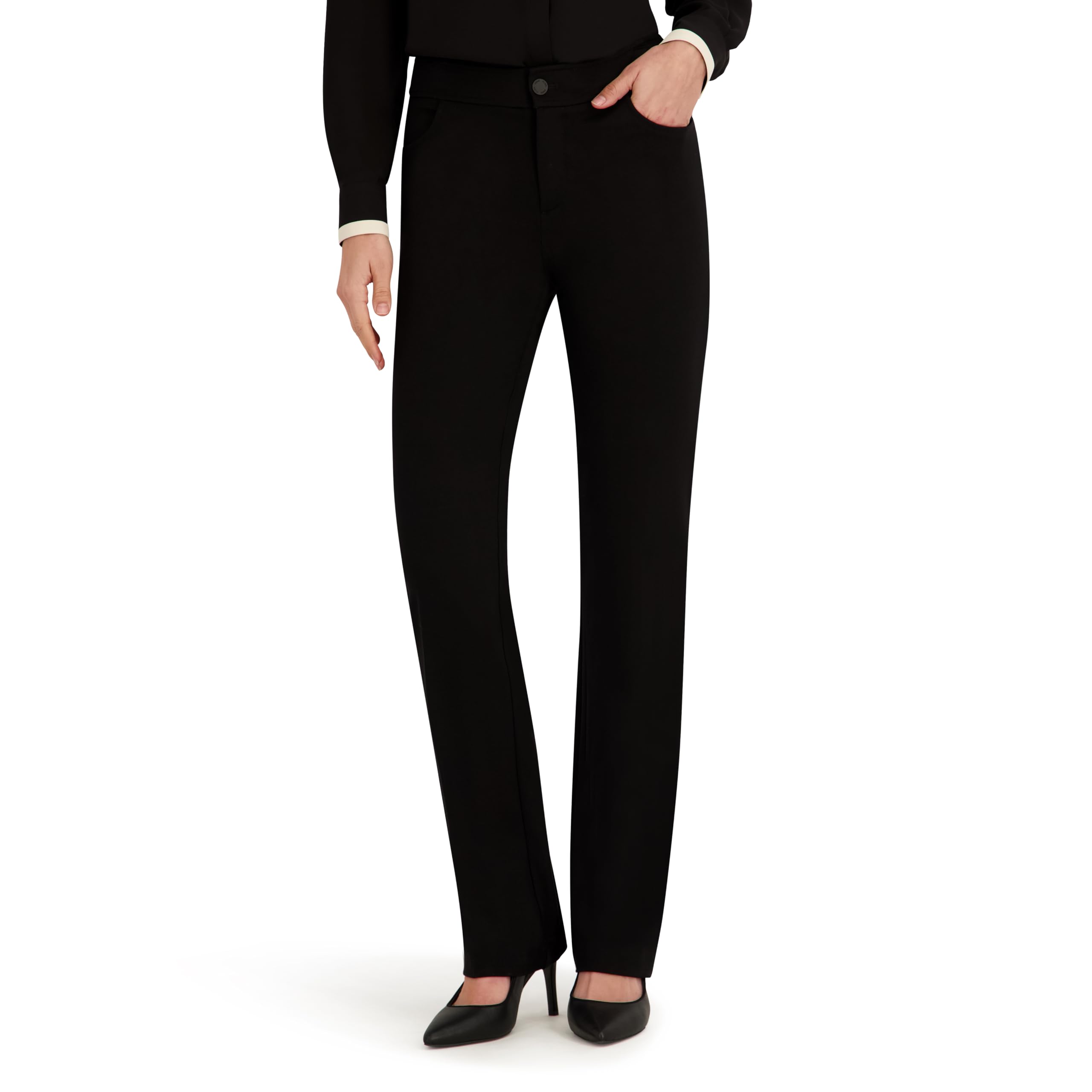 Pantalon stretch bootcut noir confortable pour silhouette petite