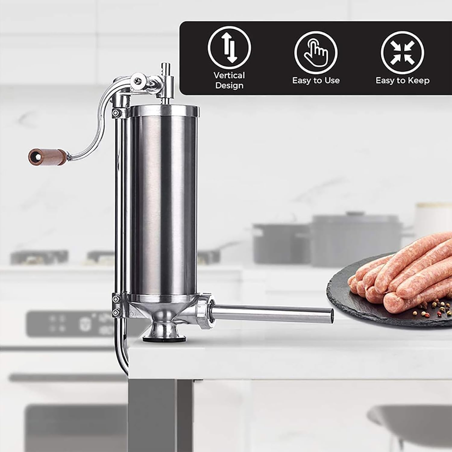 Stainless Steel Vertical Sausage Stuffer with Suction Base & Manual Crank - Perfect for Home & Commercial Use, Easy to Clean