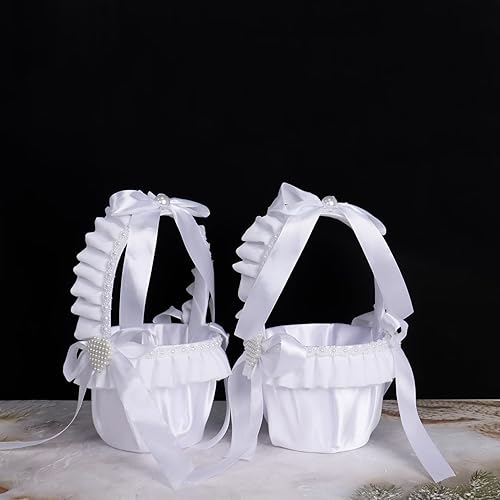 Paquete de 2 cestas blancas para niñas de flores, para bodas, de satén blanco, para niñas de flores