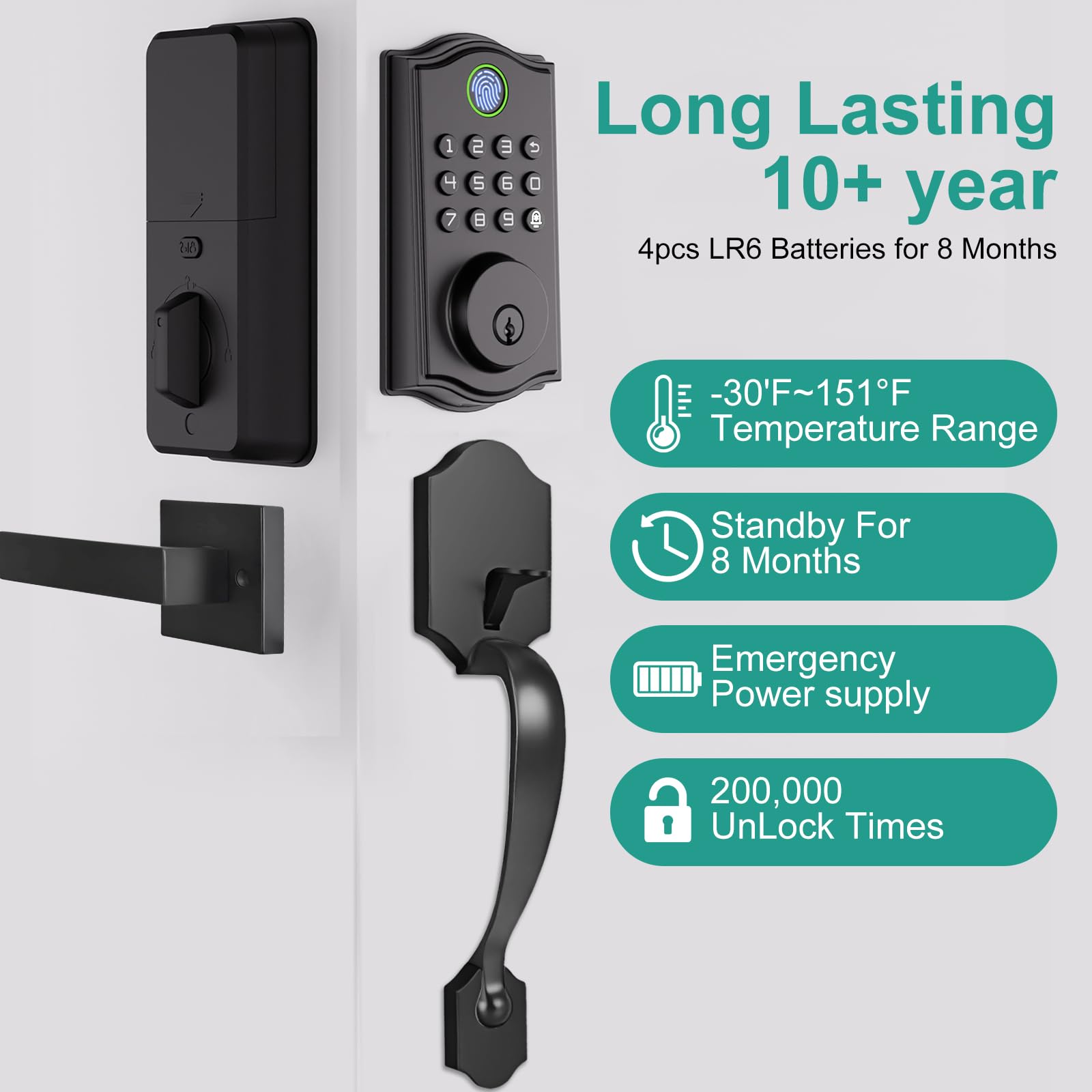 Cerradura inteligente para puerta, cerrojo de entrada sin llave con asa, huella dactilar/aplicación/código/desbloqueo de llave, teclado antimiradas, bloqueo automático, fácil de instalar