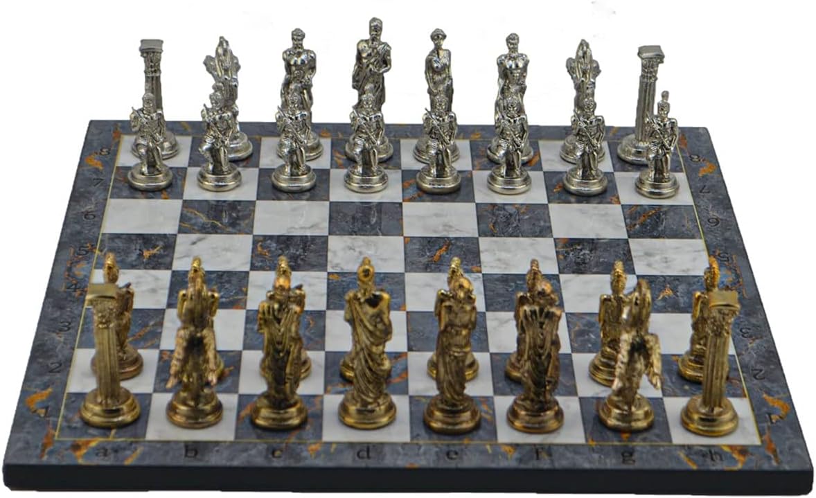 Metal Chess Sets for Adult Medium Mythologic Pegasus Figures,Handmade Pieces and Different Design Wooden Chess Board (Gray Marble)