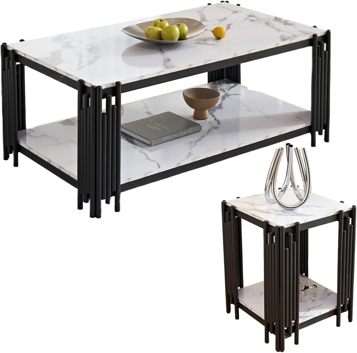 Goujxcy Marble Coffee Table Set of 2, Elegant White Faux Marble Coffee Table End Table Set w/Black Metal Frame, 2 Piece Living Room Table Set with 1 Rectangle Coffee Table & Square Side Table