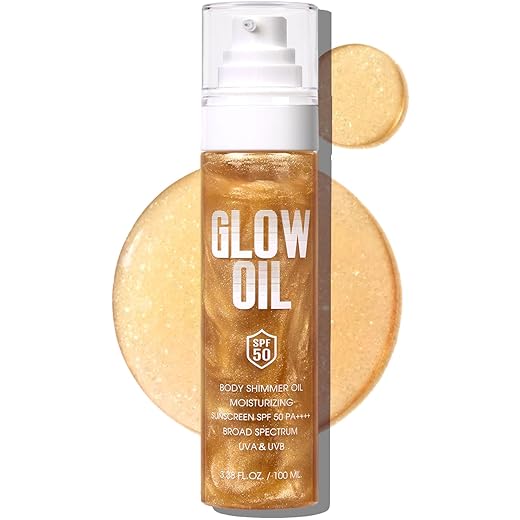 Óleo de brilho corporal, FPS 50 de amplo espectro, protetor solar com glitter, loção corporal com lantejoulas mica, hidratante leve e não pegajoso com coco, iluminador de pele com resultados