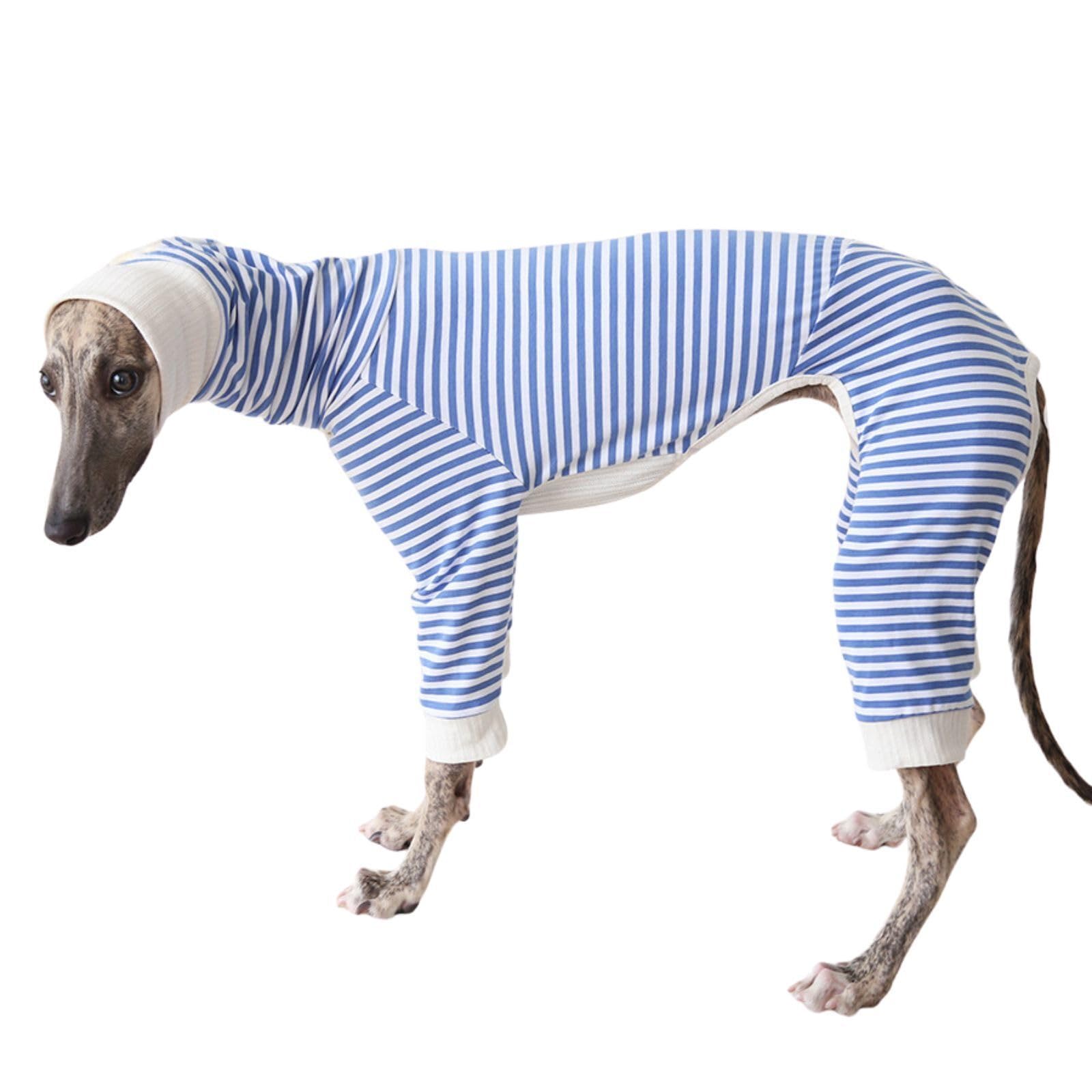 Lightweight Cotton Greyhound Jumper,Whippet Clothes with legs,Turtleneck Dogs Jumpsuit,Dog Pajamas Pjs Pullover for Greyhound Lurcher,Blue Stripe_M