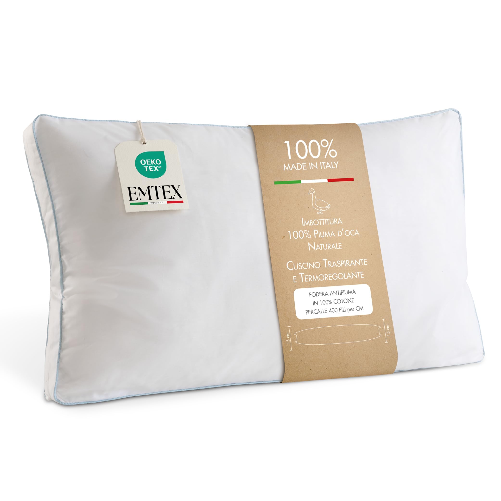 EMTEX Cuscino Letto in PIUMA D'OCA 100% Naturale Guanciale Morbido e Traspirante in COTONE Parcalle Cuciture Premium Made in Italy (1, BIANCO cuciture AZZURRO)