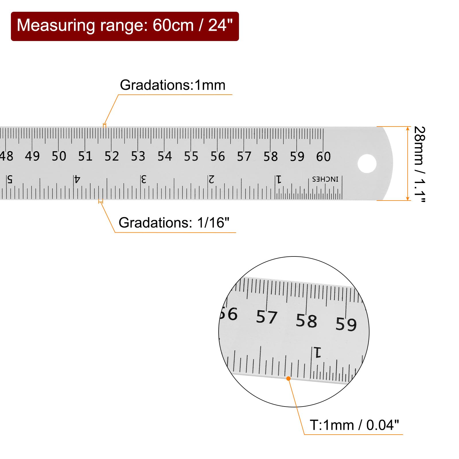 HARFINGTON 3 reglas de acero inoxidable de 24 pulgadas 60 cm regla métrica inglesa con tabla de conversión pequeña regla de metal juego de regla de borde recto regla milimétrica herramientas de