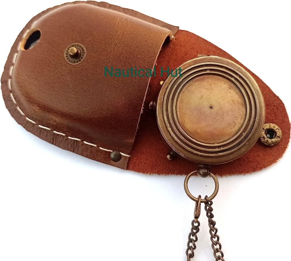 Brújula de latón grabada con estuche de cuero miniatura 4