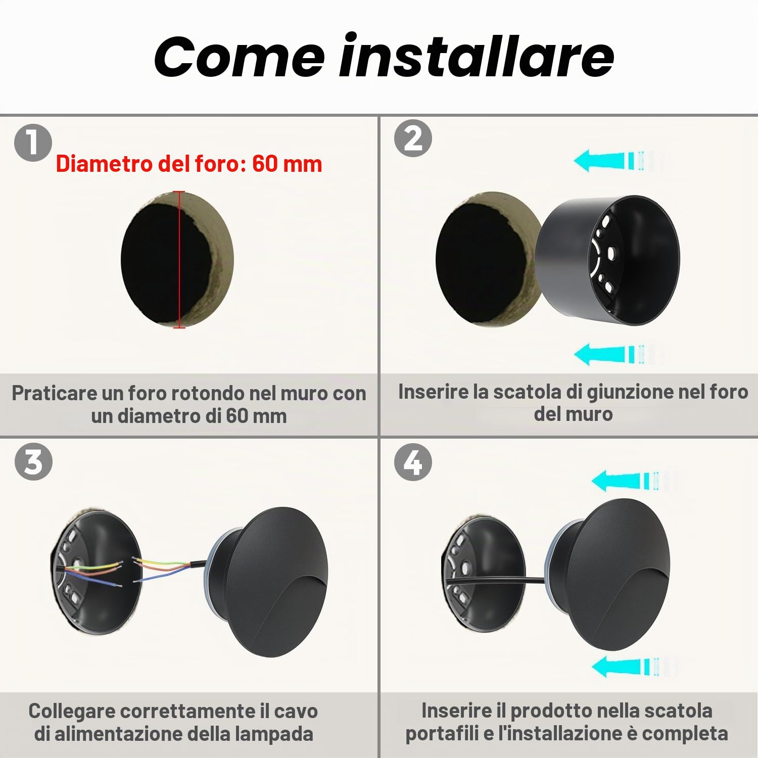 8 Pezzi segnapasso led 3W 3000K Alu, Applique da Parete LED incasso per scale, 60mm IP44 luci scale con scatola da incasso illuminazione da parete, per Interno esterno giardino, guscio nero