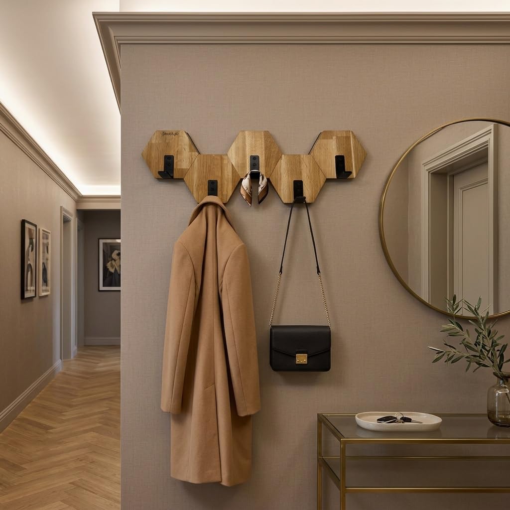 FLEXISTYLE Perchero hexagonal de pared de madera de roble negro, diseño moderno, habitación juvenil, baño natural (roble, 56)