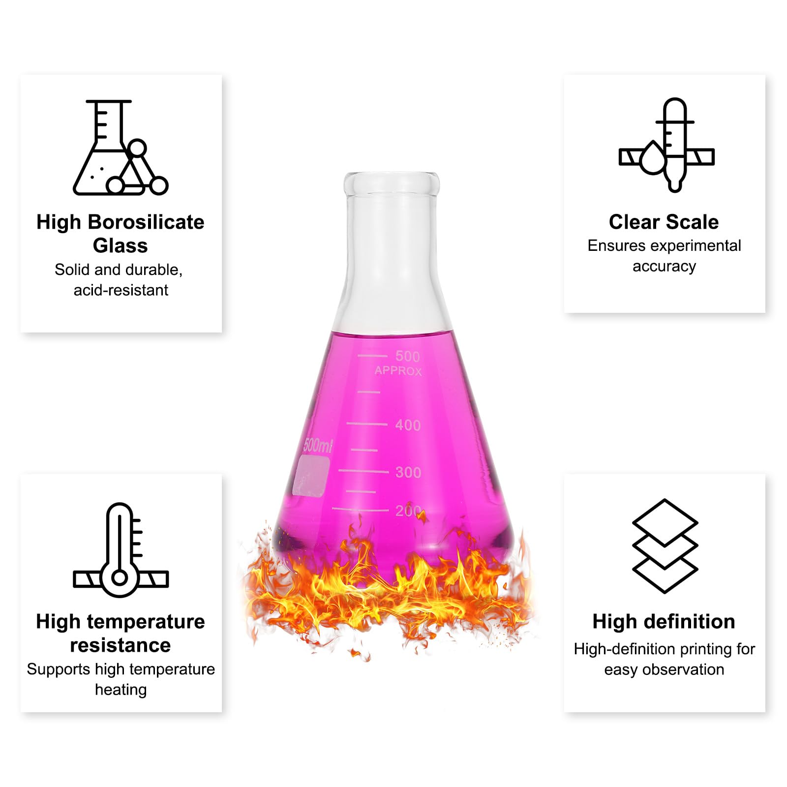 PATIKIL Erlenmeyer-Kolben 8 Stück 500ml 17oz Schmale Öffnung Messkolben Borosilicatglas Mit Aufgedruckter Skala Für Labor Experimente Chemie Wissenschaft Studium