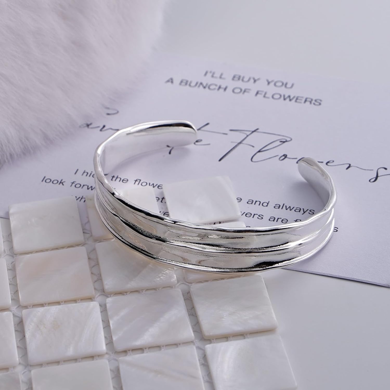 Irregular Hammered Wave Texture Cuff Bracelet for Women - Sterling Silver Open Bangle Hypoallergenic Jewelry - Image 6