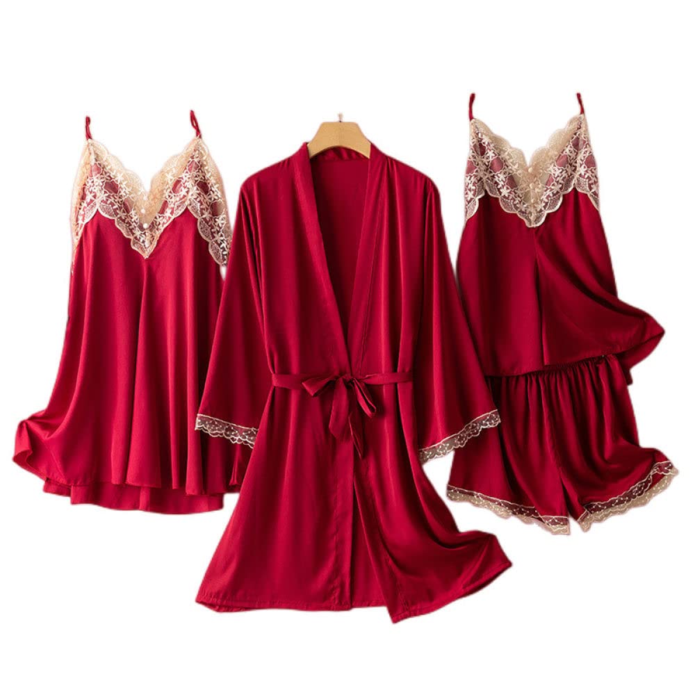 Accappatoio Donna,4 Pezzi Set Accappatoio Kimono In Raso Sexy Maglia In Pizzo Con Scollo A V Camicia Da Notte Senza Schienale Vestaglia Canotta Pantaloncini Set Elegante Abito Retrò Vestaglia Sposa