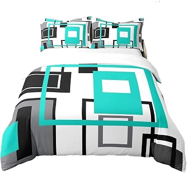 Homewish 100% Natural Cotton Turquoise Geometric Duvet Cover Black White Teal Grey Bedding Sets Double Size, Square Comforter Cover Simple Abstract Stripes Modern Bed Set 2 Pillow Cases