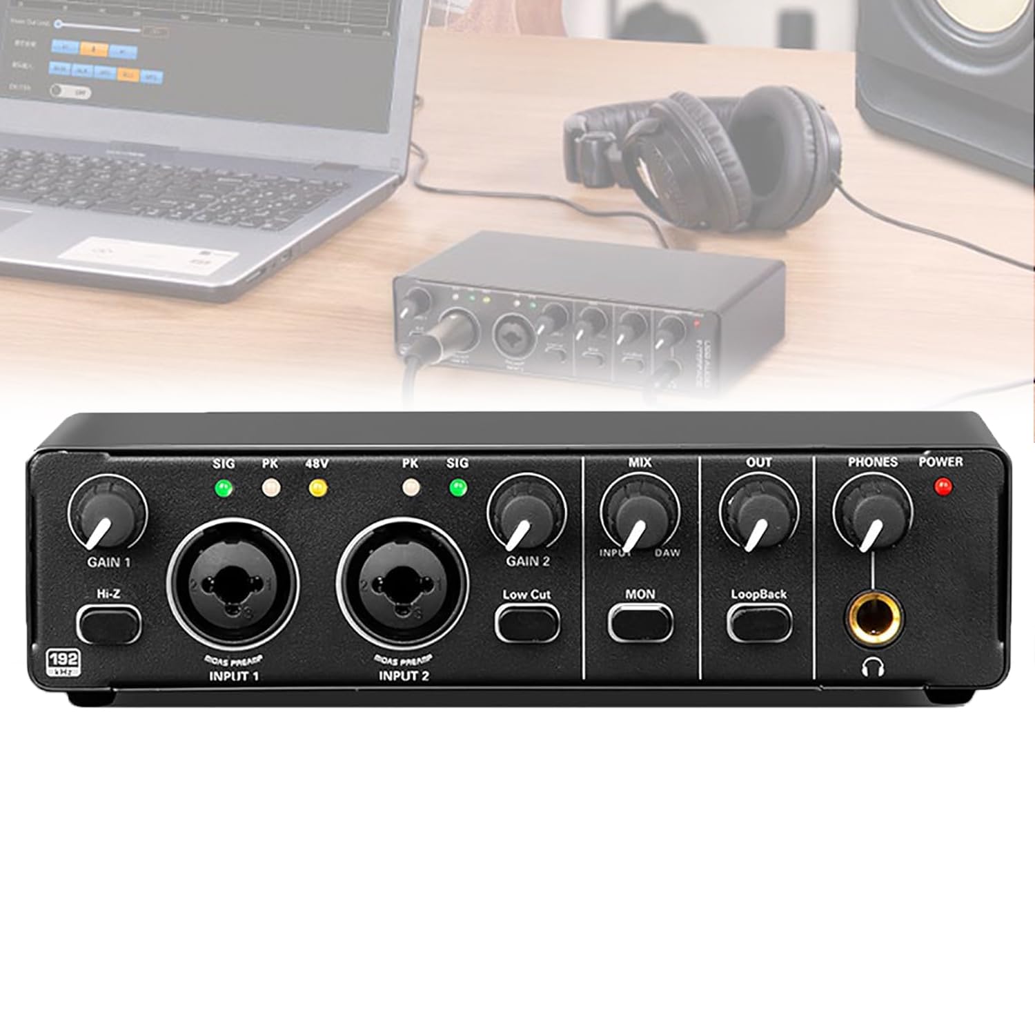 Interfaz de audio de 24 bits y 192 kHz con grabación integrada y monitoreo de retardo para producción de música y grabación de libros de audio