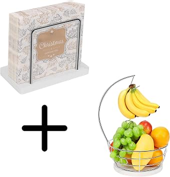 Livabber Marble Napkin Holder+ Fruit Basket Bowl with Banana Hanger, Metal Modern Napkin Holder and Fruit Vegetable Bowl Storage Freestanding Dispenser for Kitchen Dinning Table Chrome