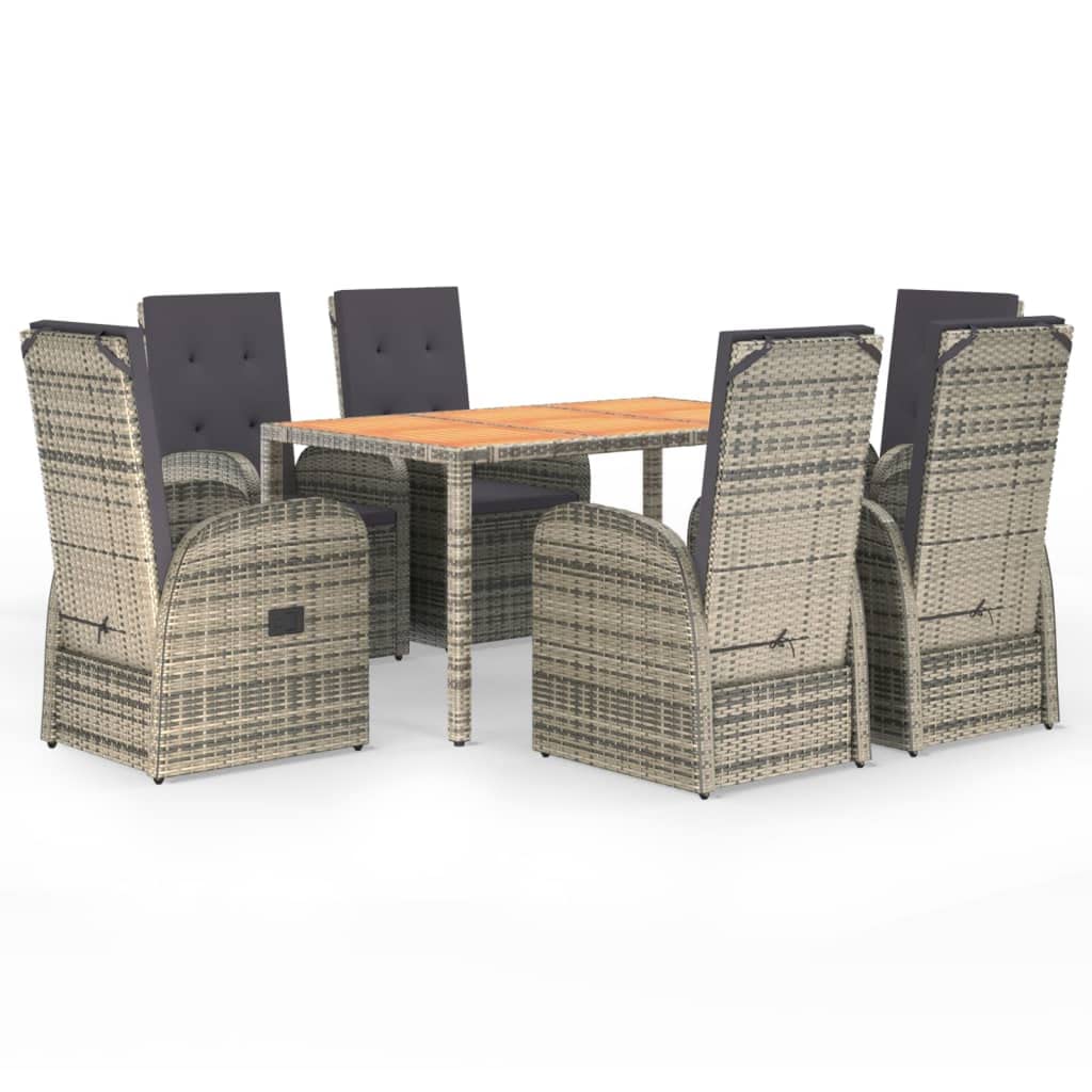 Furniture Select-Juego de comedor de jardín de 7 piezas, ratán de poliéster gris y acacia de madera maciza