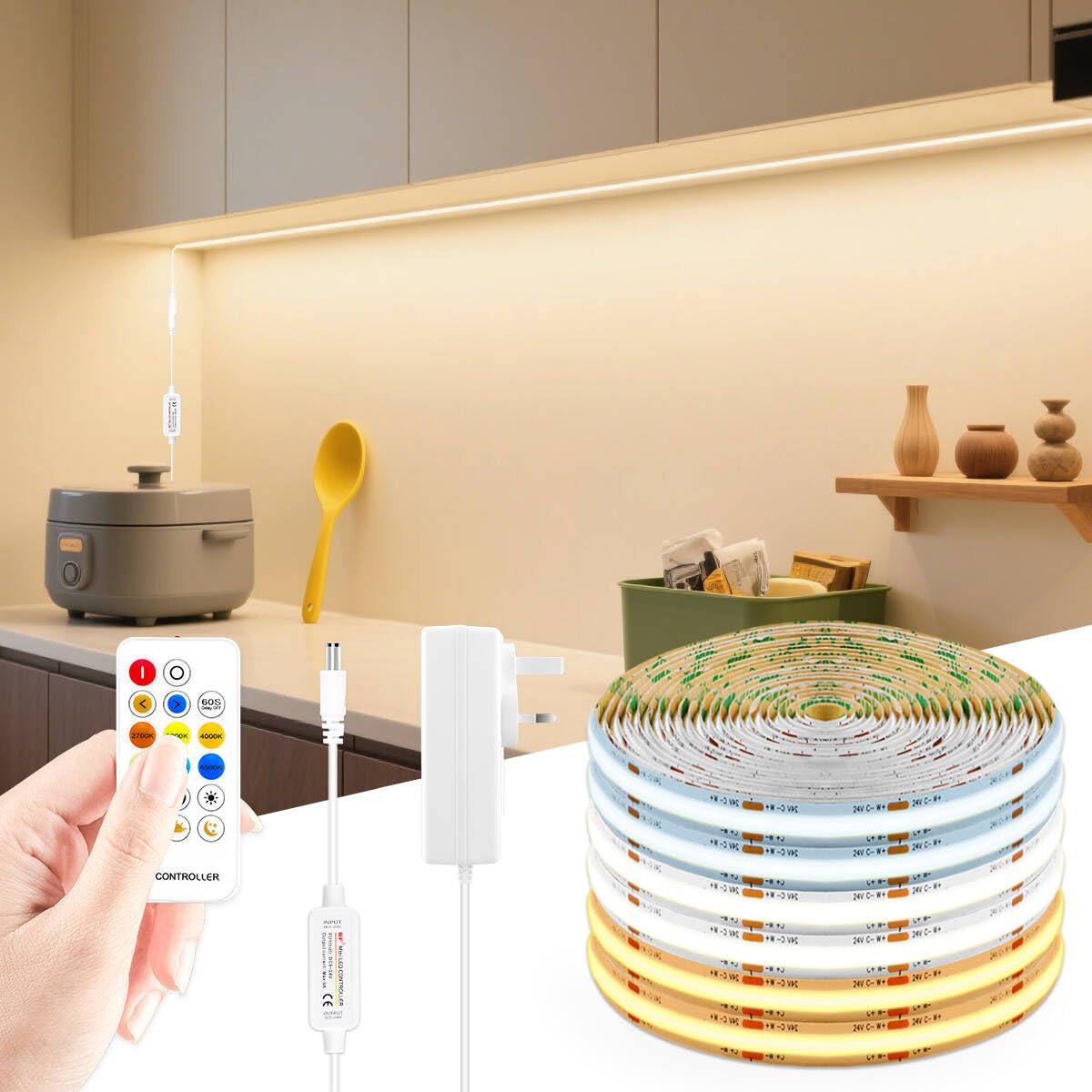 CHNMALITAI 24V 10M 576LEDs/m CCT COB LED Strip,2700K-6500K Adjustable Color Temperature White/Cold White/Warm White Dimmable LED COB Strip for Bedroom Kitchen Home Wardrobe Lighting