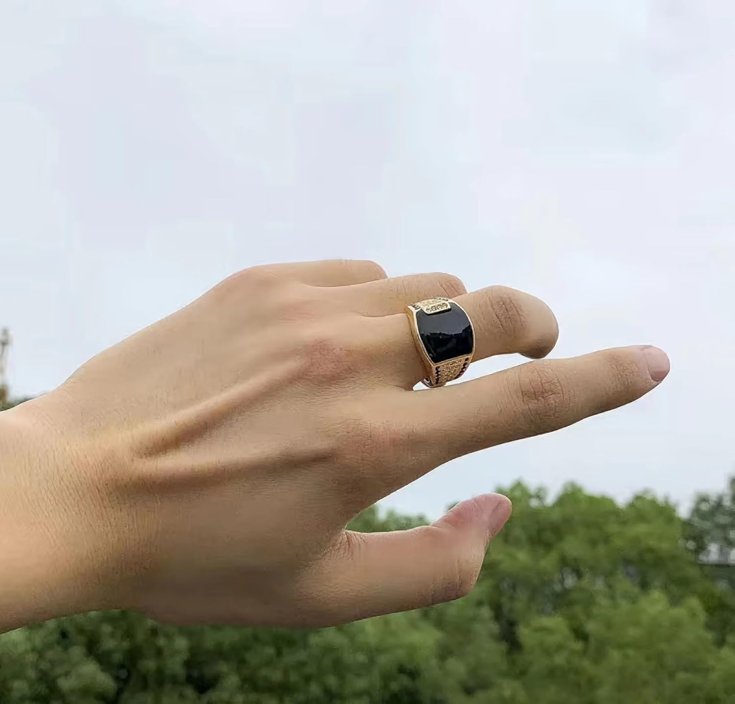 Ganquya Sparkling 18K Gold Plated Vintage Square Black Agate Signet Glossy Rings Simulated Diamond Hip Hop Ring Fashion Cuban Link Chain Promise Ring for Men (9) - Image 6