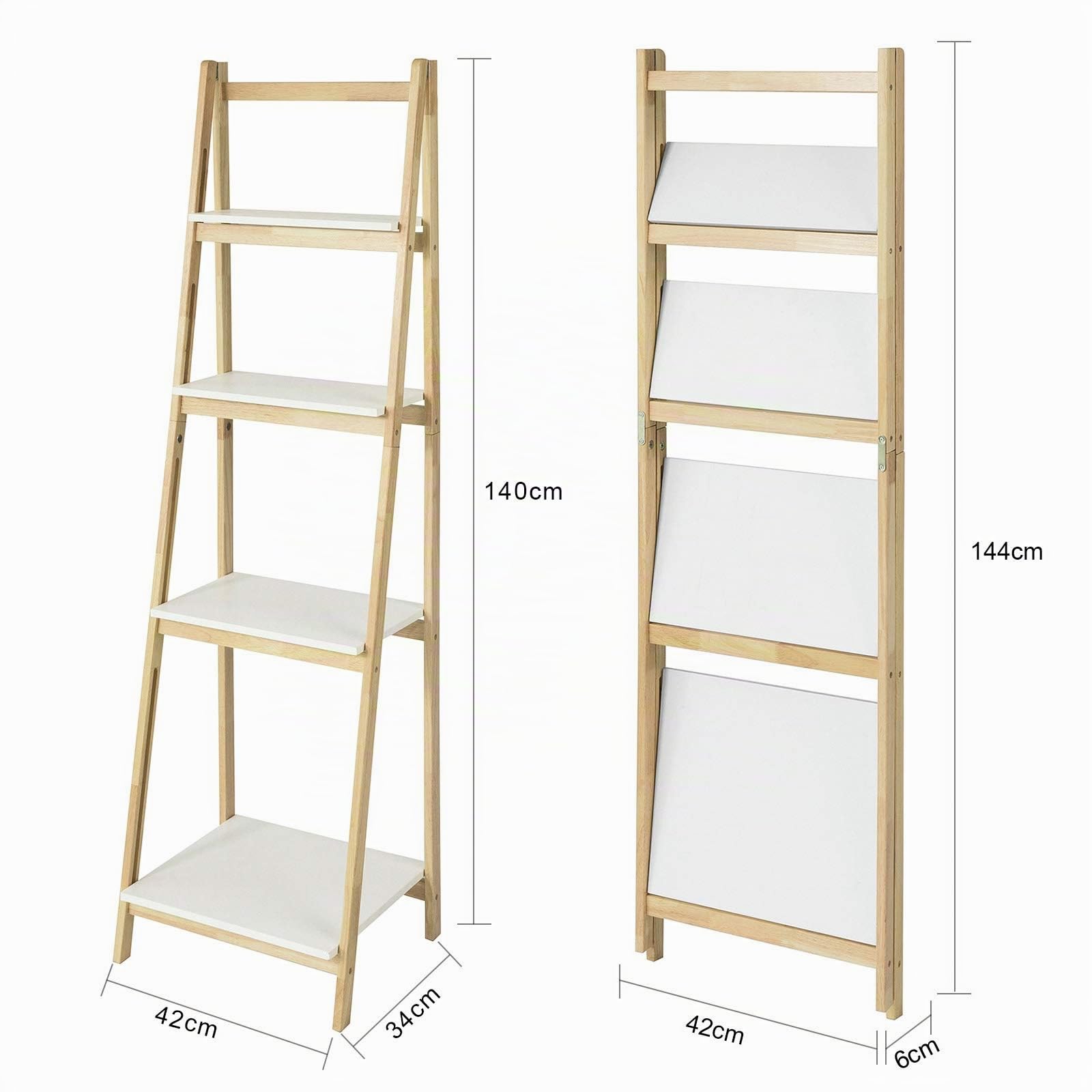 SoBuy Étagère Pliable, Étagère Échelle, Meuble de Rangement, Étagère à Livres, Bibliothèque à 4 Niveaux de Rangement pour Salon, Bureau, Chambre, Cuisine, L42xP34xH136cm, Blanc+Naturel, FRG162-N